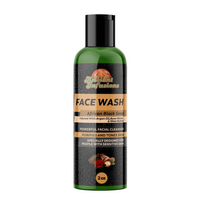 Bottle of Raw African Black Soap Liquid Face Wash with label highlighting natural ingredients