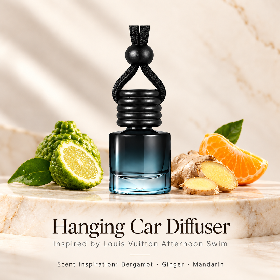 Hanging car diffuser inspired by Louis Vuitton Afternoon Swim, with scent illustrations on warm ivory stone