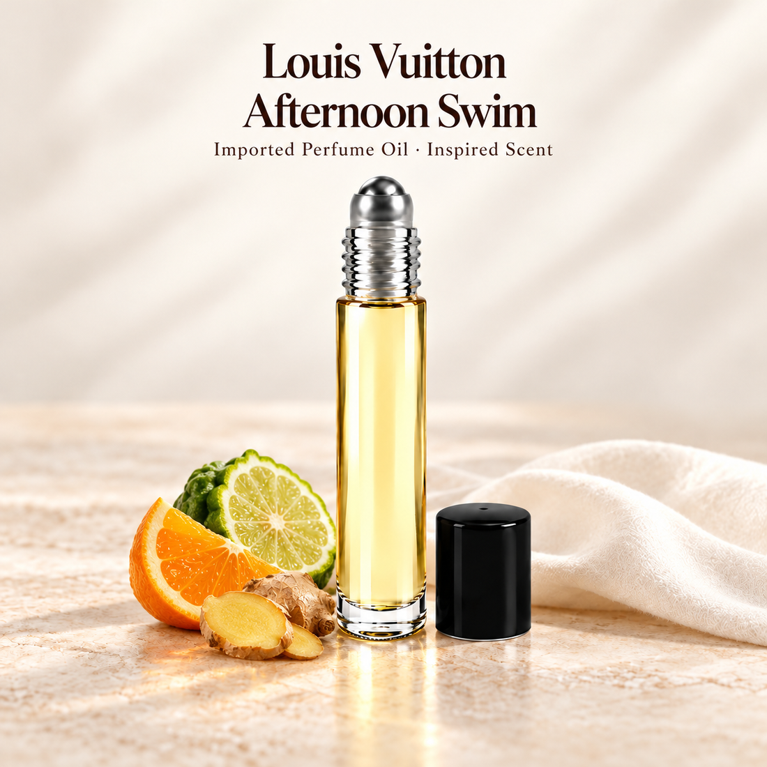 Louis Vuitton Afternoon Swim Perfume Oil with minimal scent note accents on soft ivory