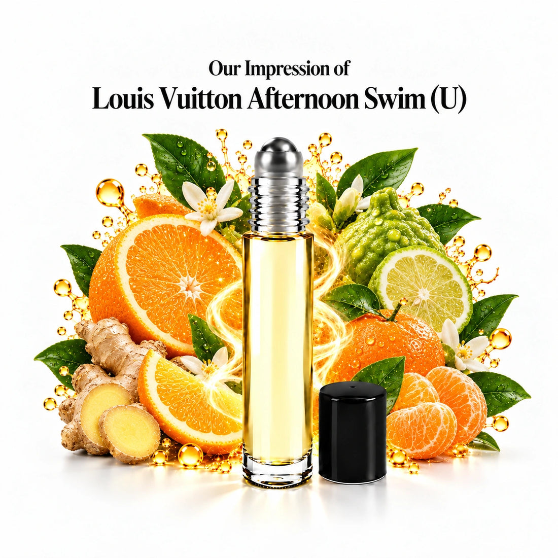 Our impression of Louis Vuitton Afternoon Swim perfume oil with fragrance notes on white