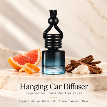 Hanging car diffuser inspired by Louis Vuitton eLVes, with scent illustrations on warm ivory stone