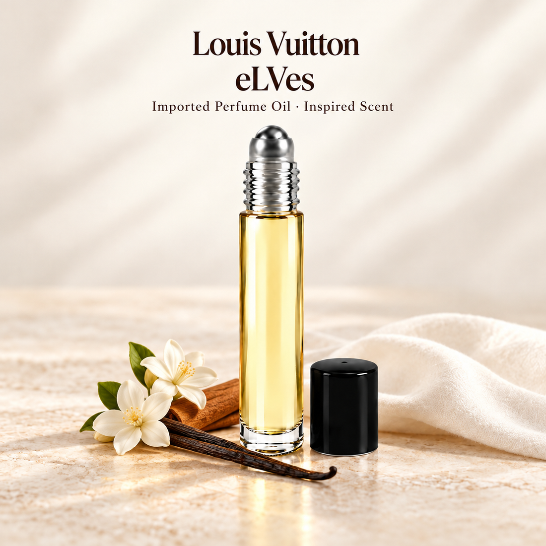 Louis Vuitton eLVes Perfume Oil with minimal scent note accents on soft ivory