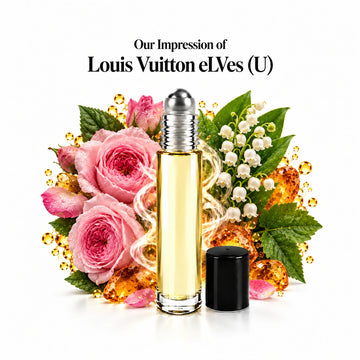 Louis Vuitton eLVes (U) perfume oil with a centered roll-on bottle and fragrance-note arrangement, generous white margins.