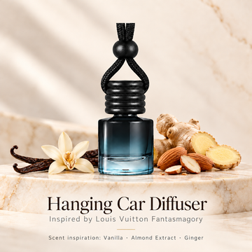 Hanging car diffuser inspired by Louis Vuitton Fantasmagory, with scent illustrations on warm ivory stone