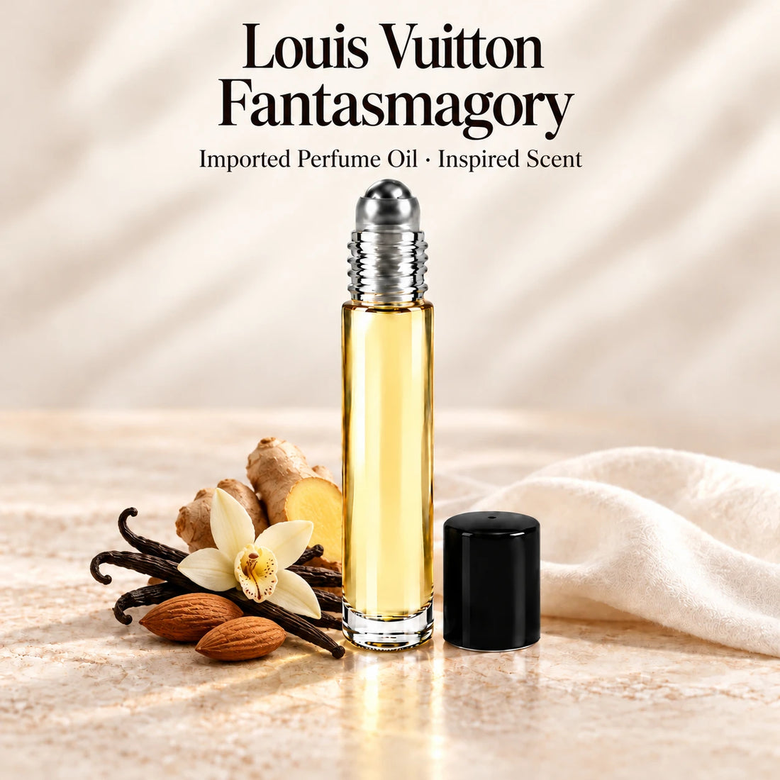 Louis Vuitton Fantasmagory Perfume Oil in a slim glass roll-on bottle with a silver roller and black cap on an ivory stone surface.