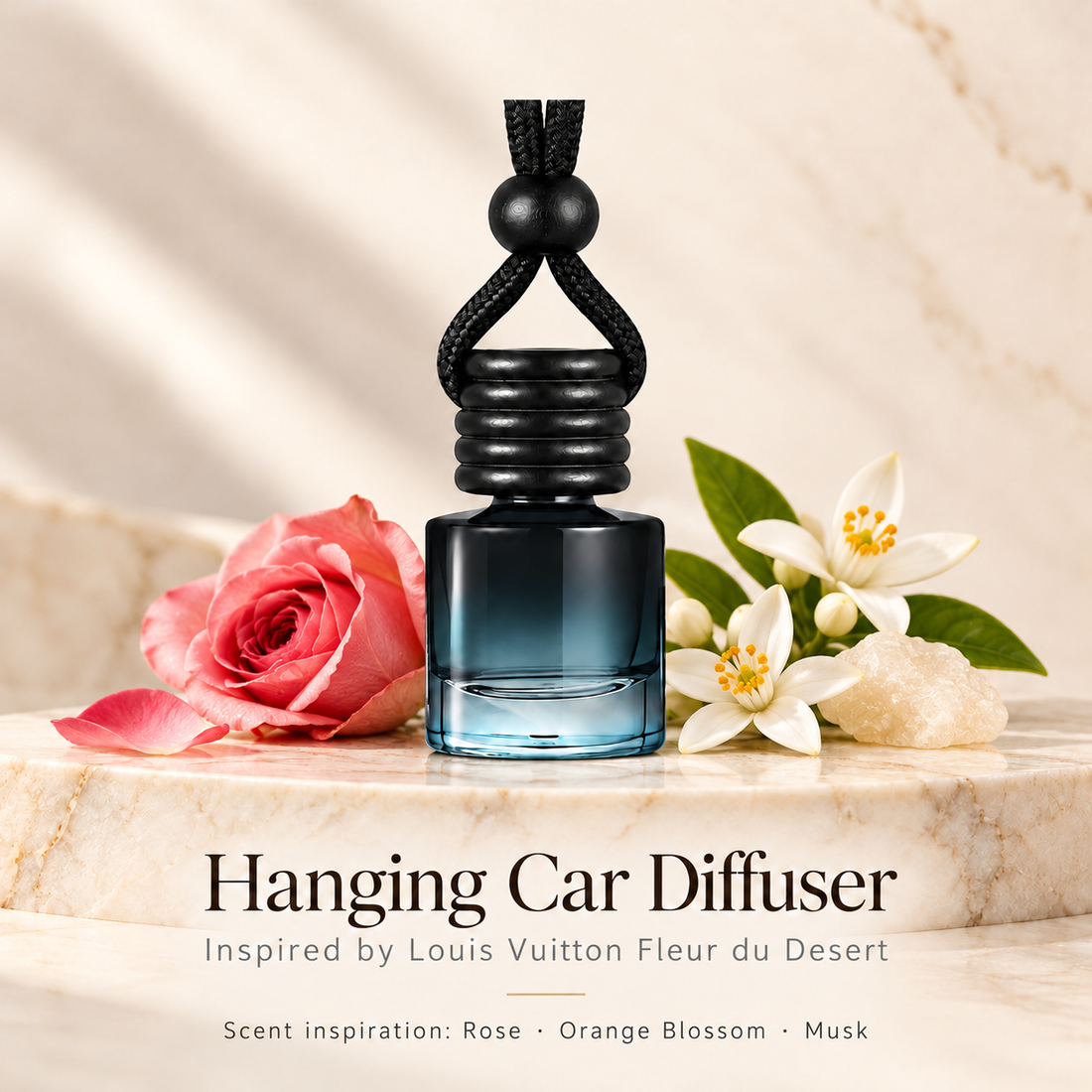 Hanging car diffuser inspired by Louis Vuitton Fleur du Desert, with scent illustrations on warm ivory stone