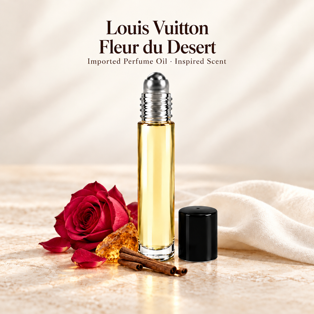 Louis Vuitton Fleur du Desert Perfume Oil with minimal scent note accents on soft ivory