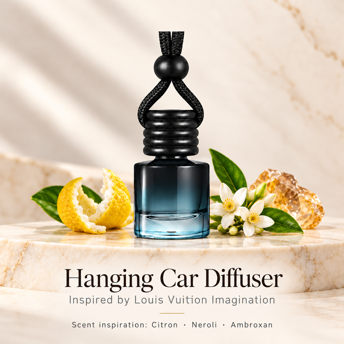 Hanging car diffuser inspired by Louis Vuitton Imagination, with scent illustrations on warm ivory stone