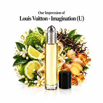 Our impression of Louis Vuitton Imagination perfume oil, centered roll-on with bergamot, black tea and ginger in a spacious white composition.