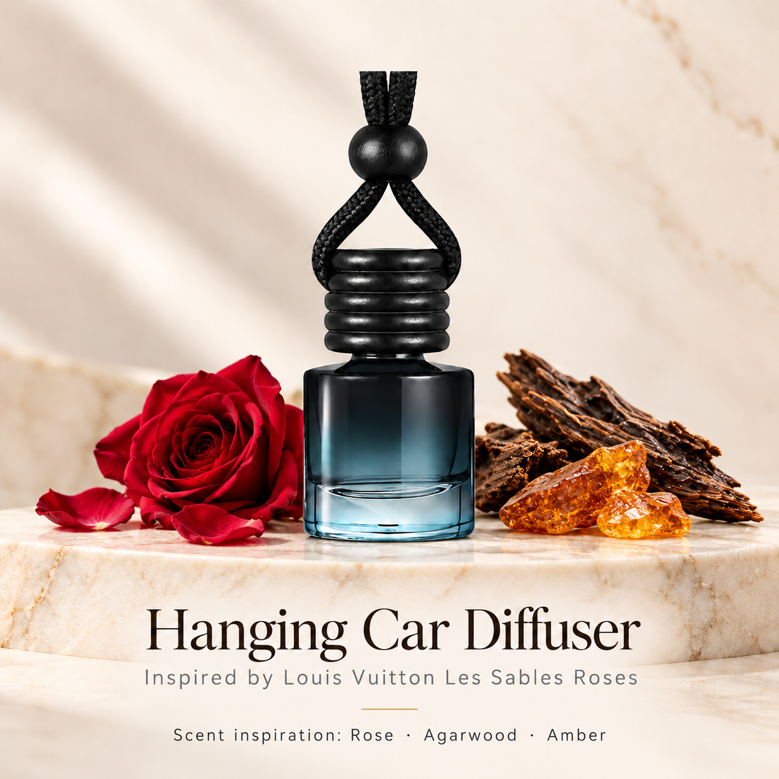 Hanging car diffuser inspired by Louis Vuitton Les Sables Roses, with scent illustrations on warm ivory stone