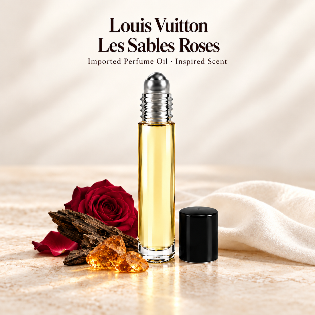 Louis Vuitton Les Sables Roses Perfume Oil with minimal scent note accents on soft ivory