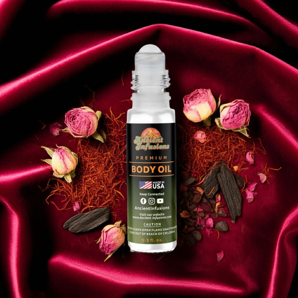 Louis Vuitton Les Sables Roses Inspired Body Oil with rose petals, saffron, and oud wood on a fabric background