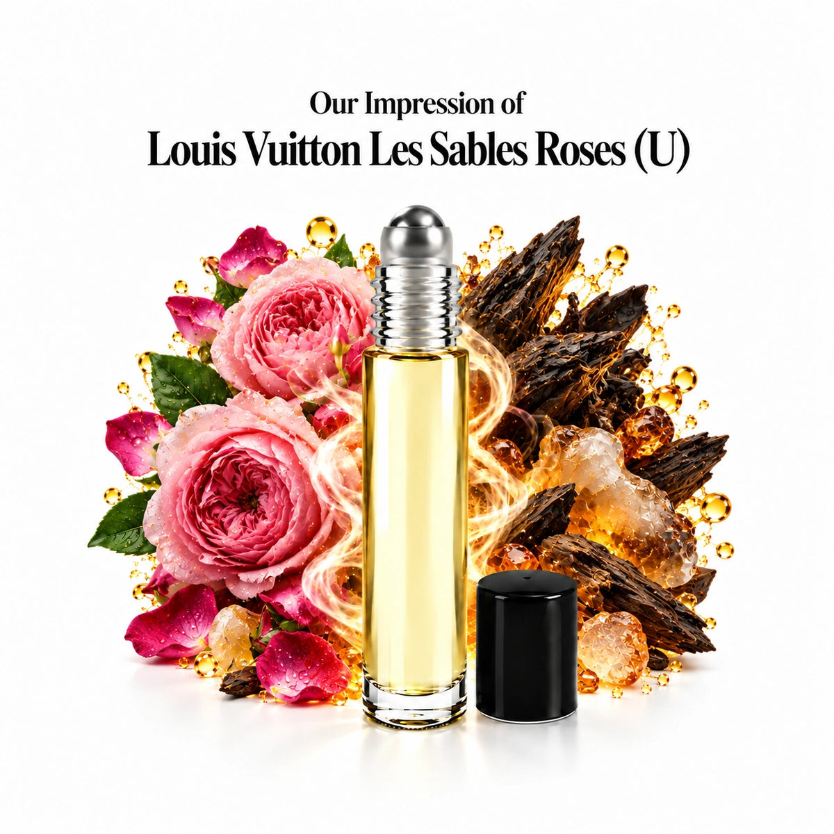 Louis Vuitton Les Sables Roses (U) perfume oil with a centered roll-on bottle and fragrance-note arrangement, generous white margins.