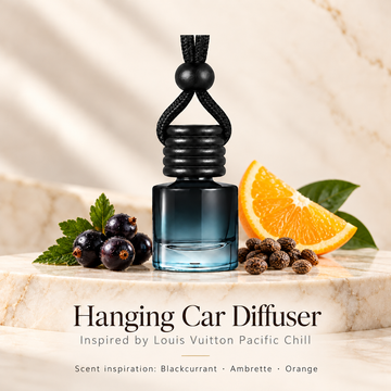 Hanging car diffuser inspired by Louis Vuitton Pacific Chill, with scent illustrations on warm ivory stone