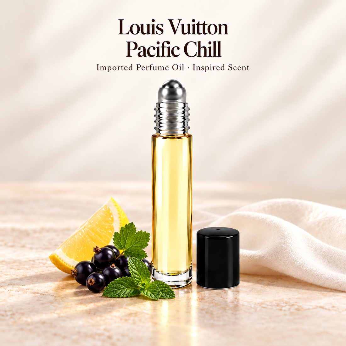 Louis Vuitton Pacific Chill Perfume Oil with minimal scent note accents on soft ivory