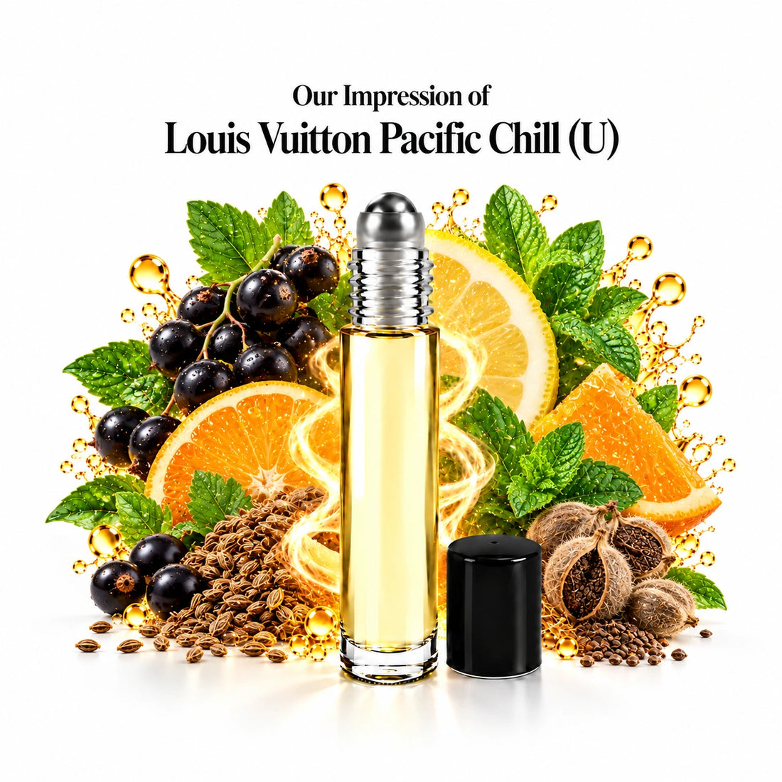 Our impression of Louis Vuitton Pacific Chill perfume oil with fragrance notes on white