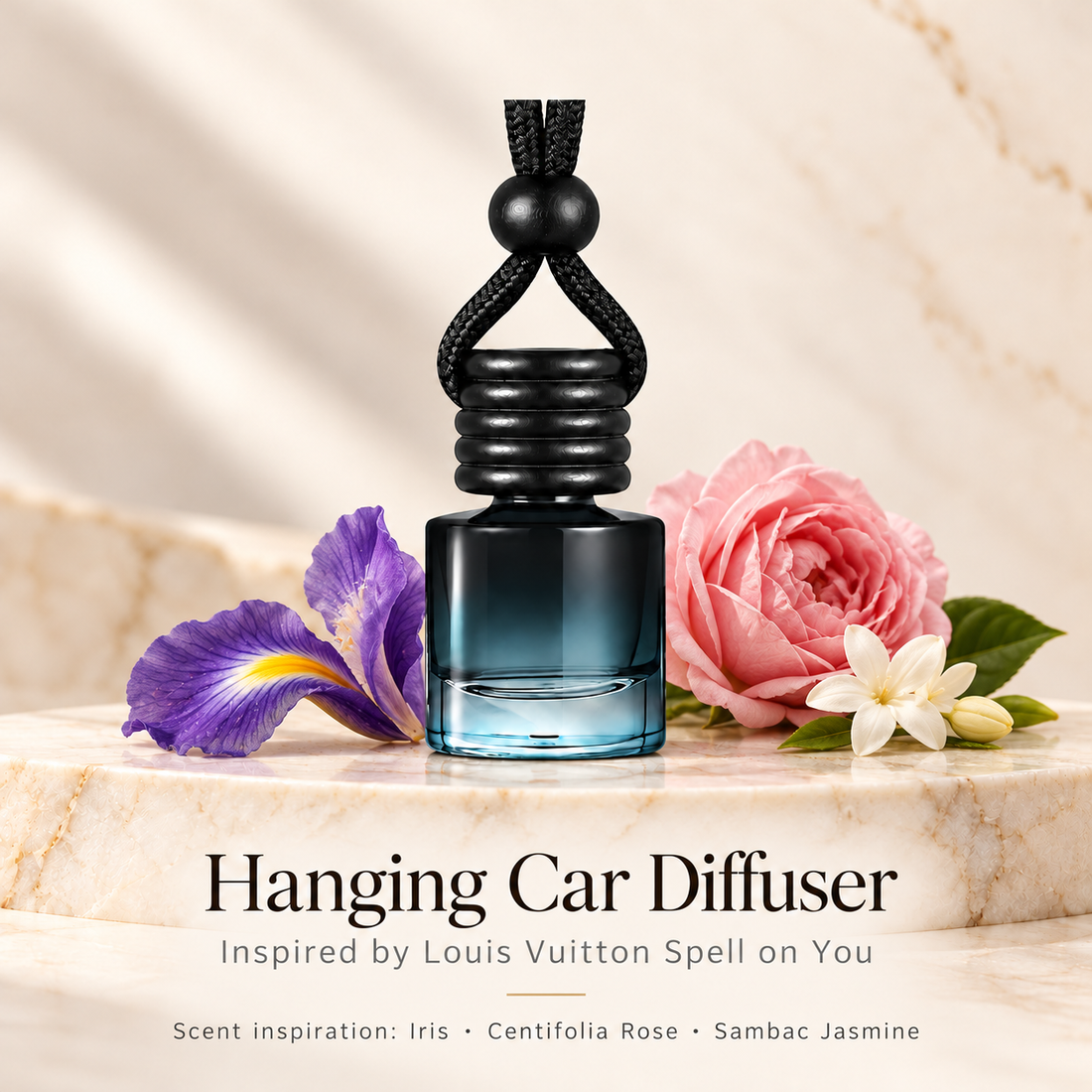 Hanging car diffuser inspired by Louis Vuitton Spell on You, with scent illustrations on warm ivory stone