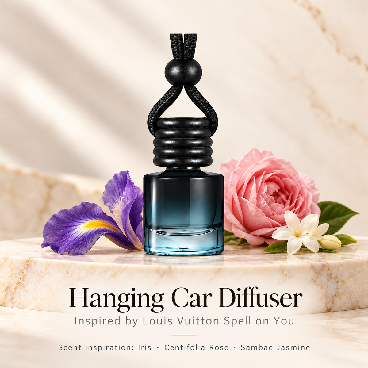 Hanging car diffuser inspired by Louis Vuitton Spell on You, with scent illustrations on warm ivory stone