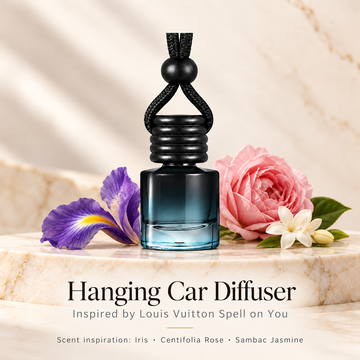 Hanging car diffuser inspired by Louis Vuitton Spell on You, with scent illustrations on warm ivory stone
