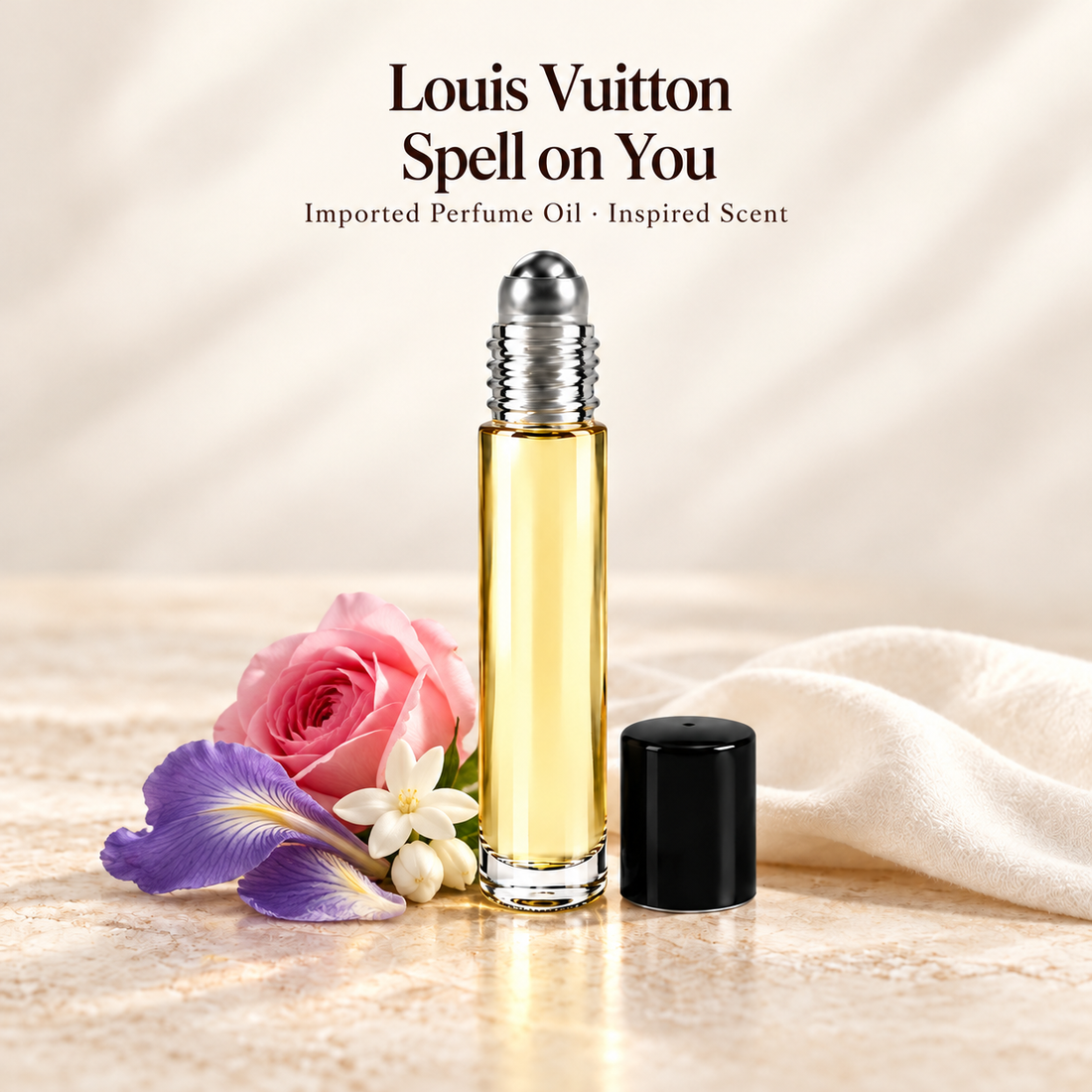 Louis Vuitton Spell on You Perfume Oil with minimal scent note accents on soft ivory