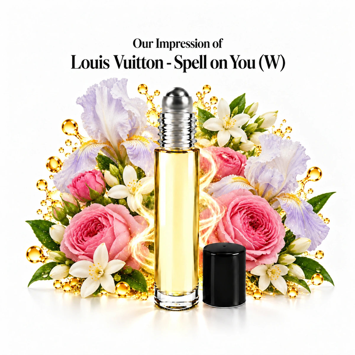 Our impression of Louis Vuitton Spell on You perfume oil with fragrance notes on white