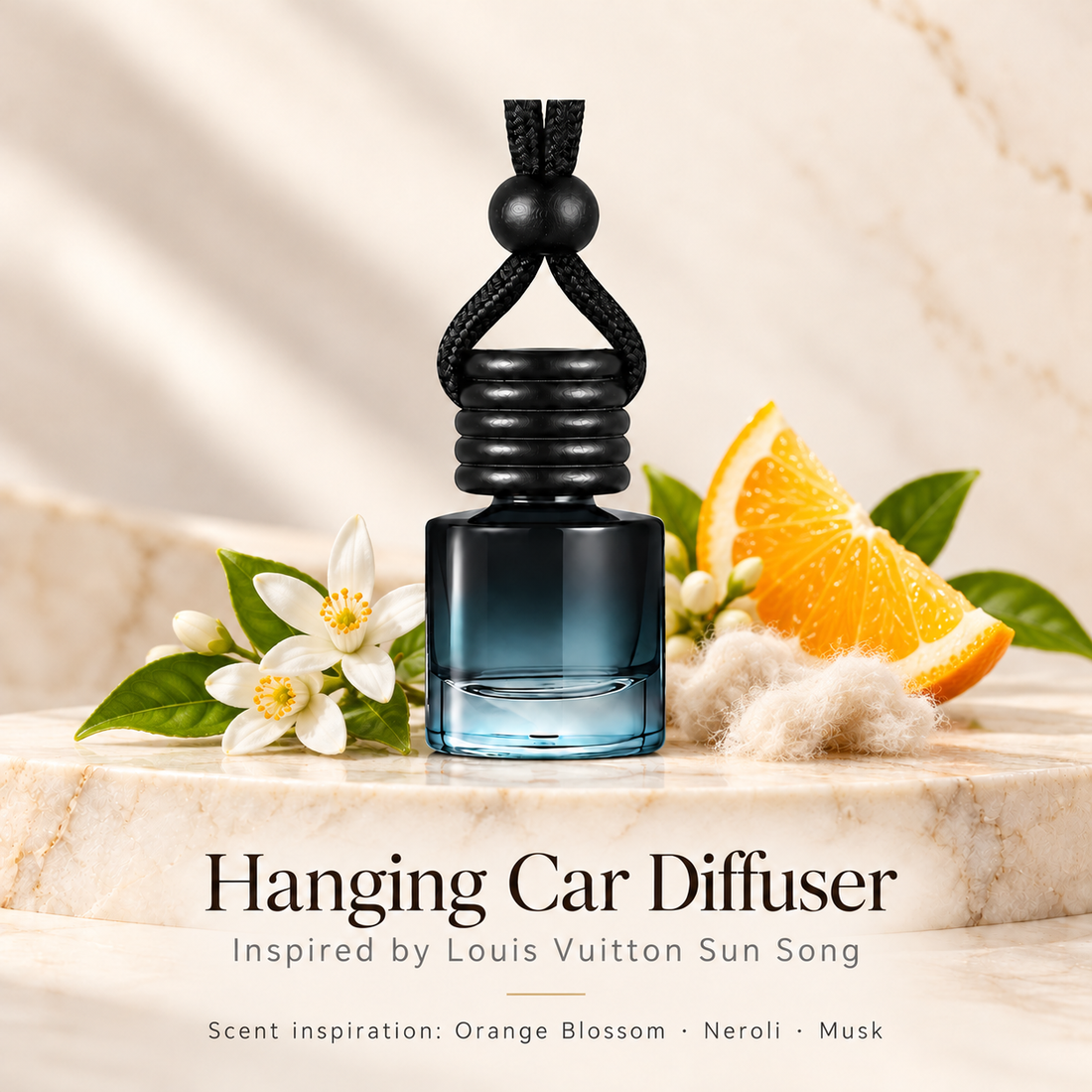 Hanging car diffuser inspired by Louis Vuitton Sun Song, with scent illustrations on warm ivory stone