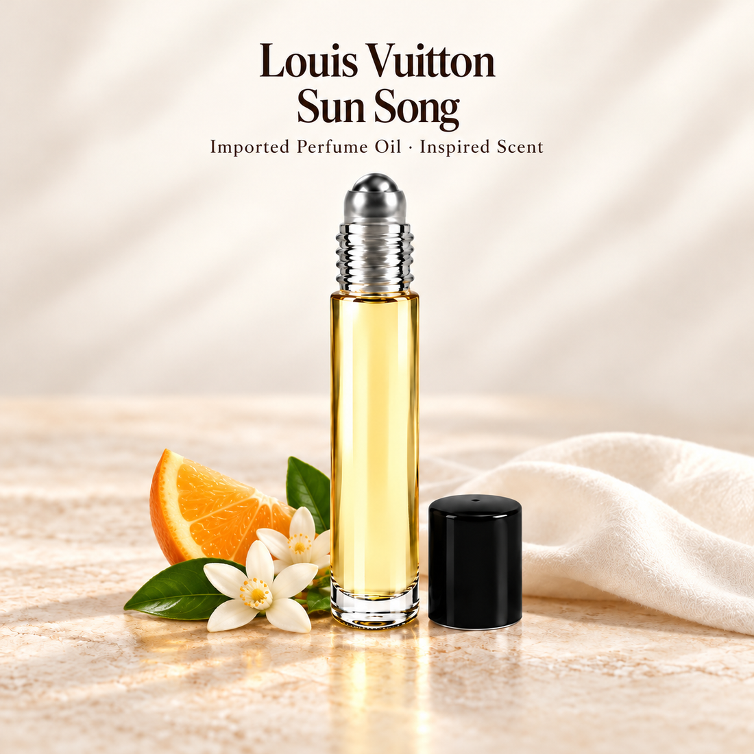 Louis Vuitton Sun Song Perfume Oil with minimal scent note accents on soft ivory
