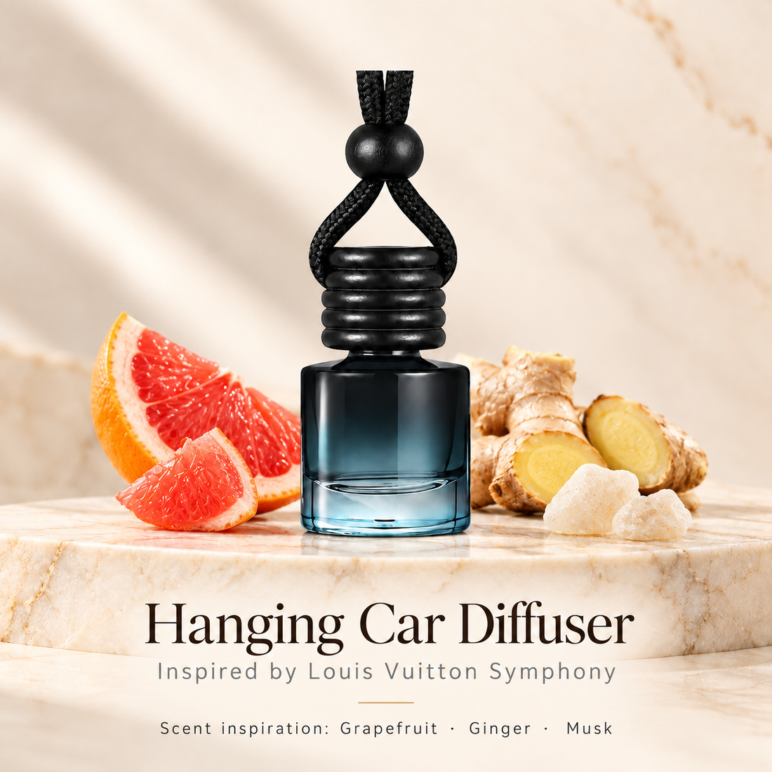 Hanging car diffuser inspired by Louis Vuitton Symphony, with scent illustrations on warm ivory stone