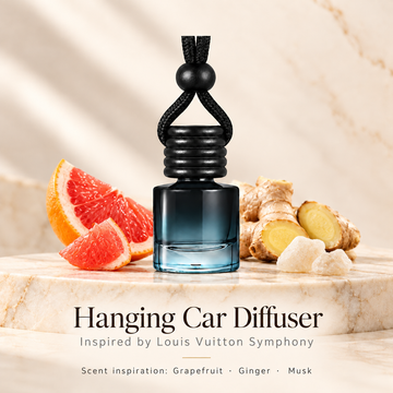 Hanging car diffuser inspired by Louis Vuitton Symphony, with scent illustrations on warm ivory stone