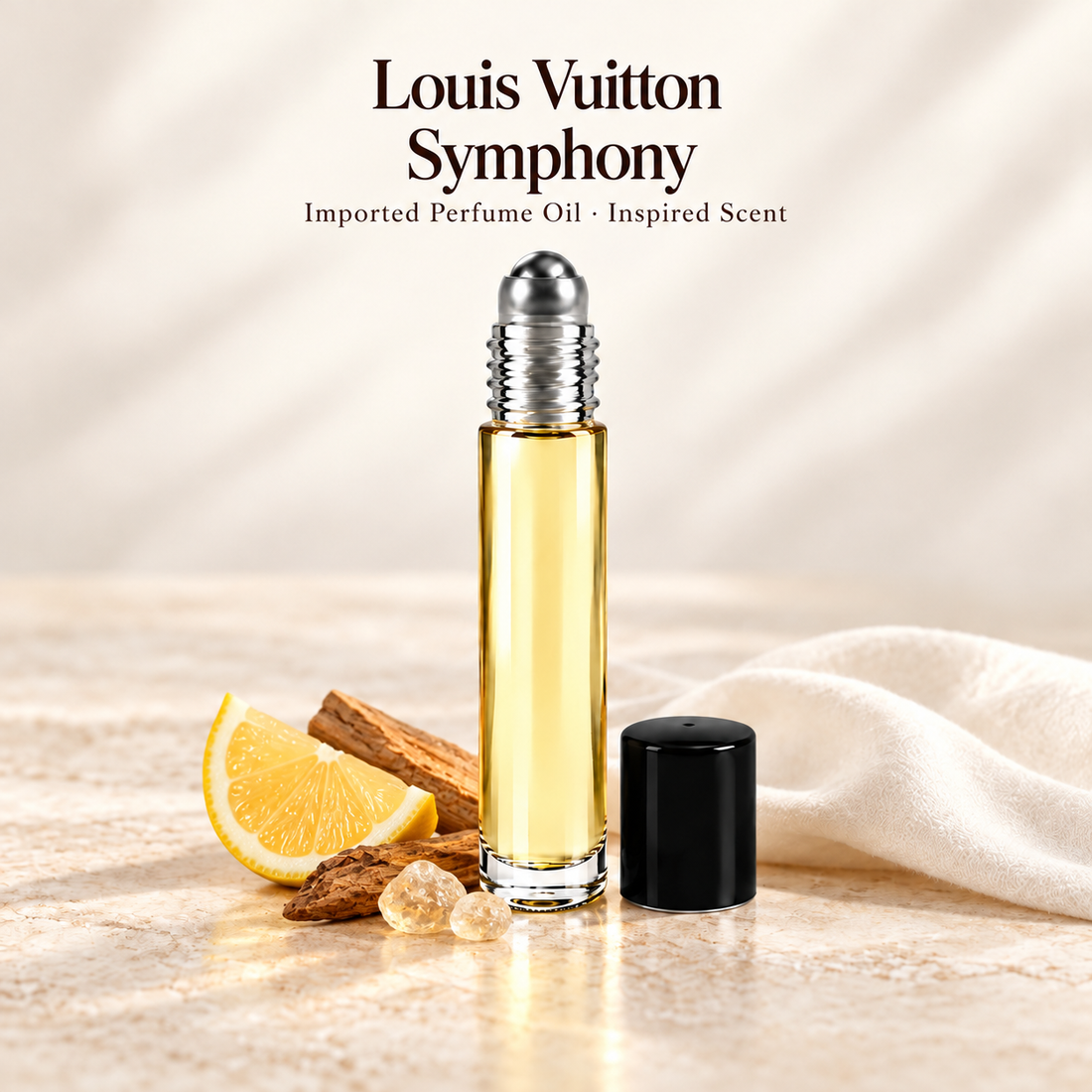 Louis Vuitton Symphony Perfume Oil with minimal scent note accents on soft ivory