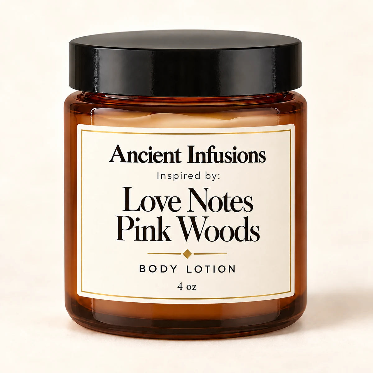Love Notes Pink Woods Inspired Body Lotion — Ancient Infusions 4 oz amber glass jar