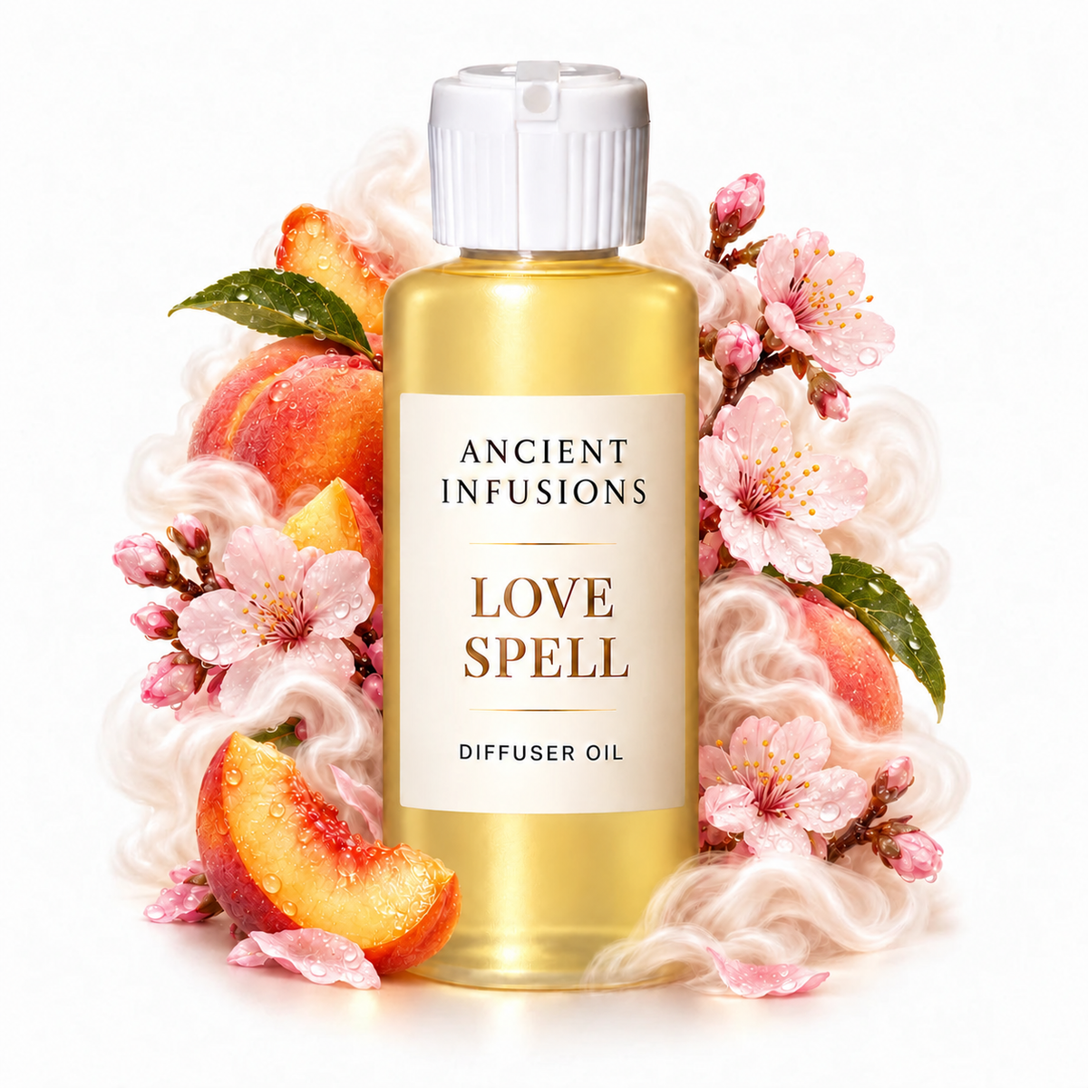 Love Spell Diffuser Oil by Ancient Infusions with golden oil, white cap and matching scent artwork