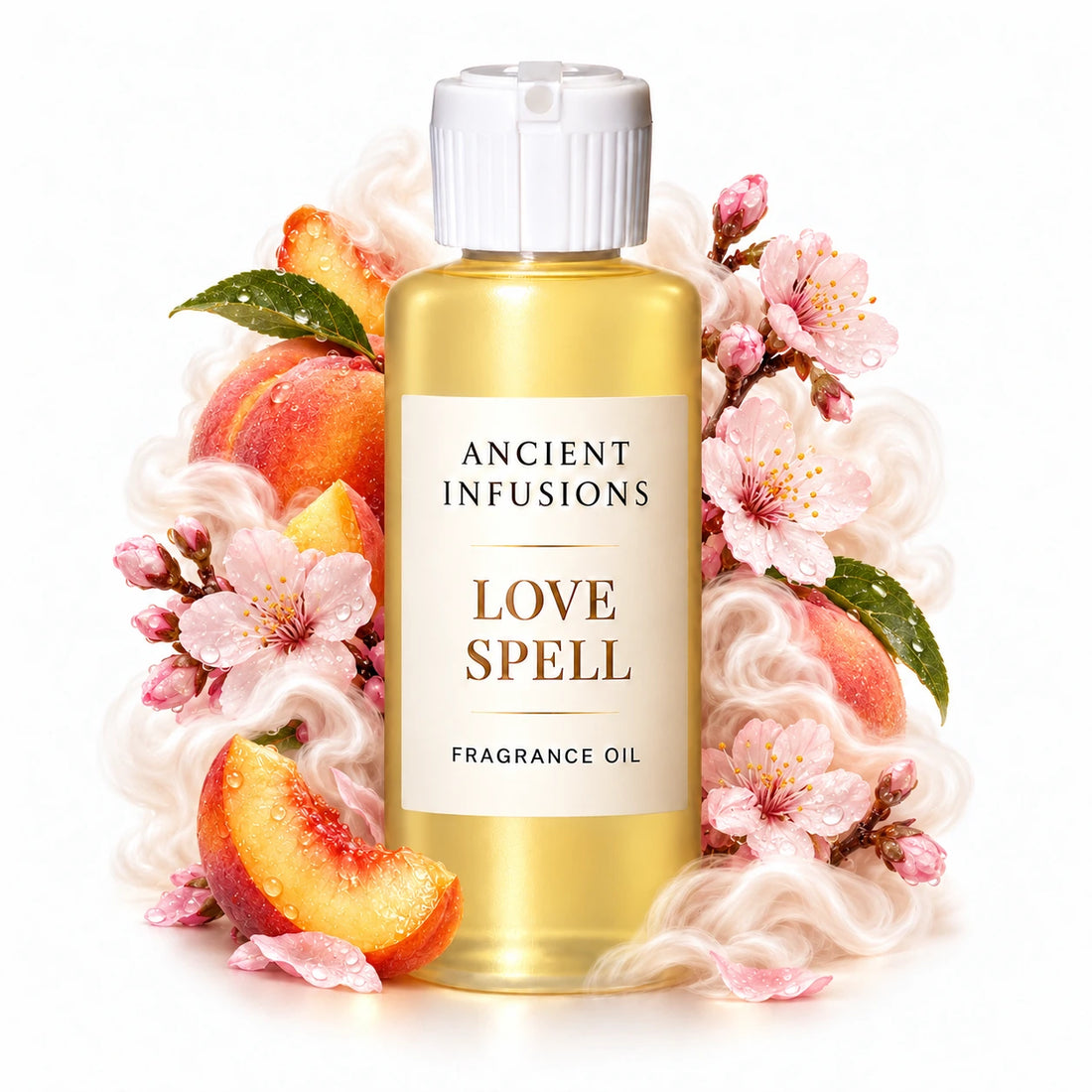 Love Spell fragrance oil by Ancient Infusions, with pale yellow oil and a tight halo representing peach nectar, cherry blossom, musk.