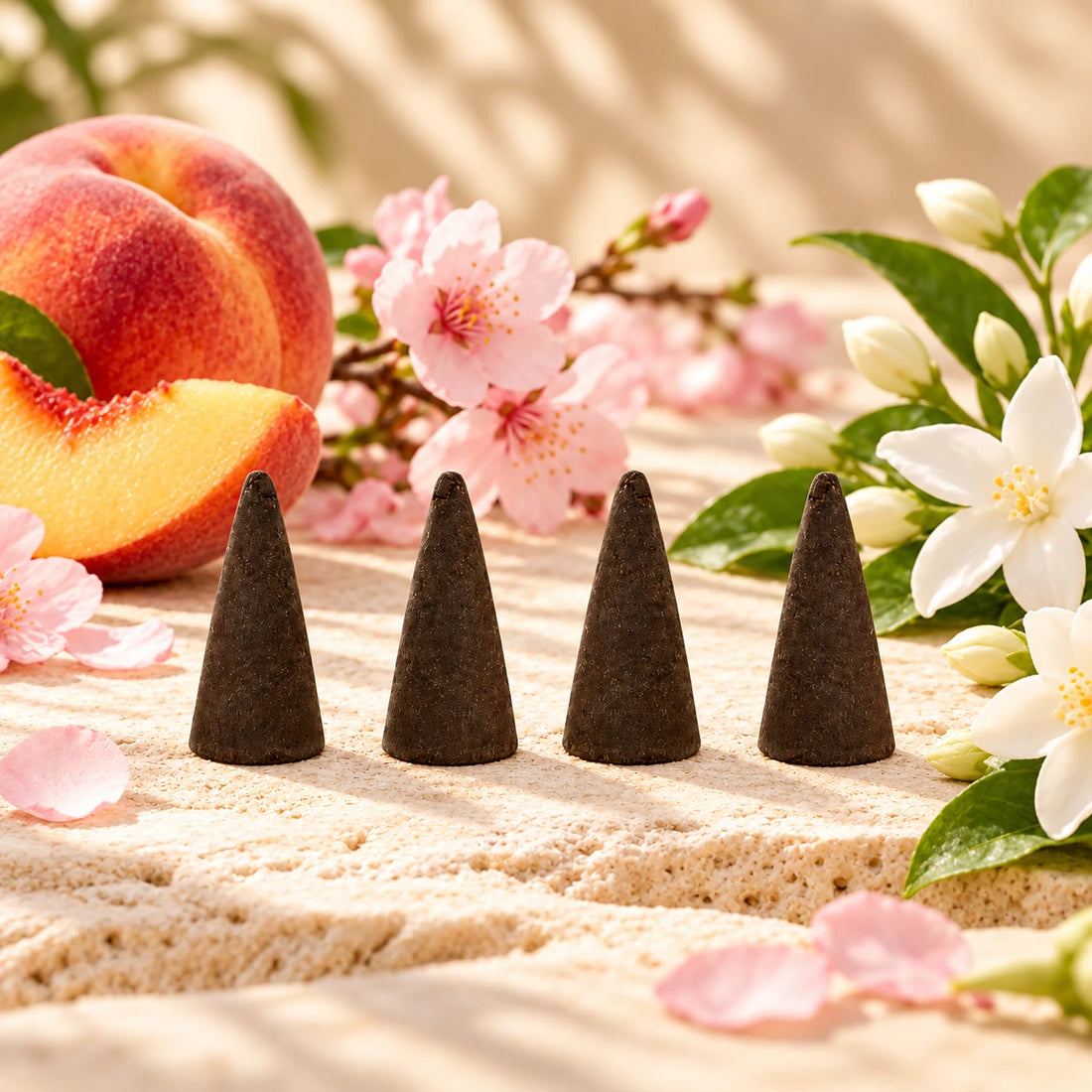 Love Spell Incense Cones with peach, cherry blossom and jasmine.