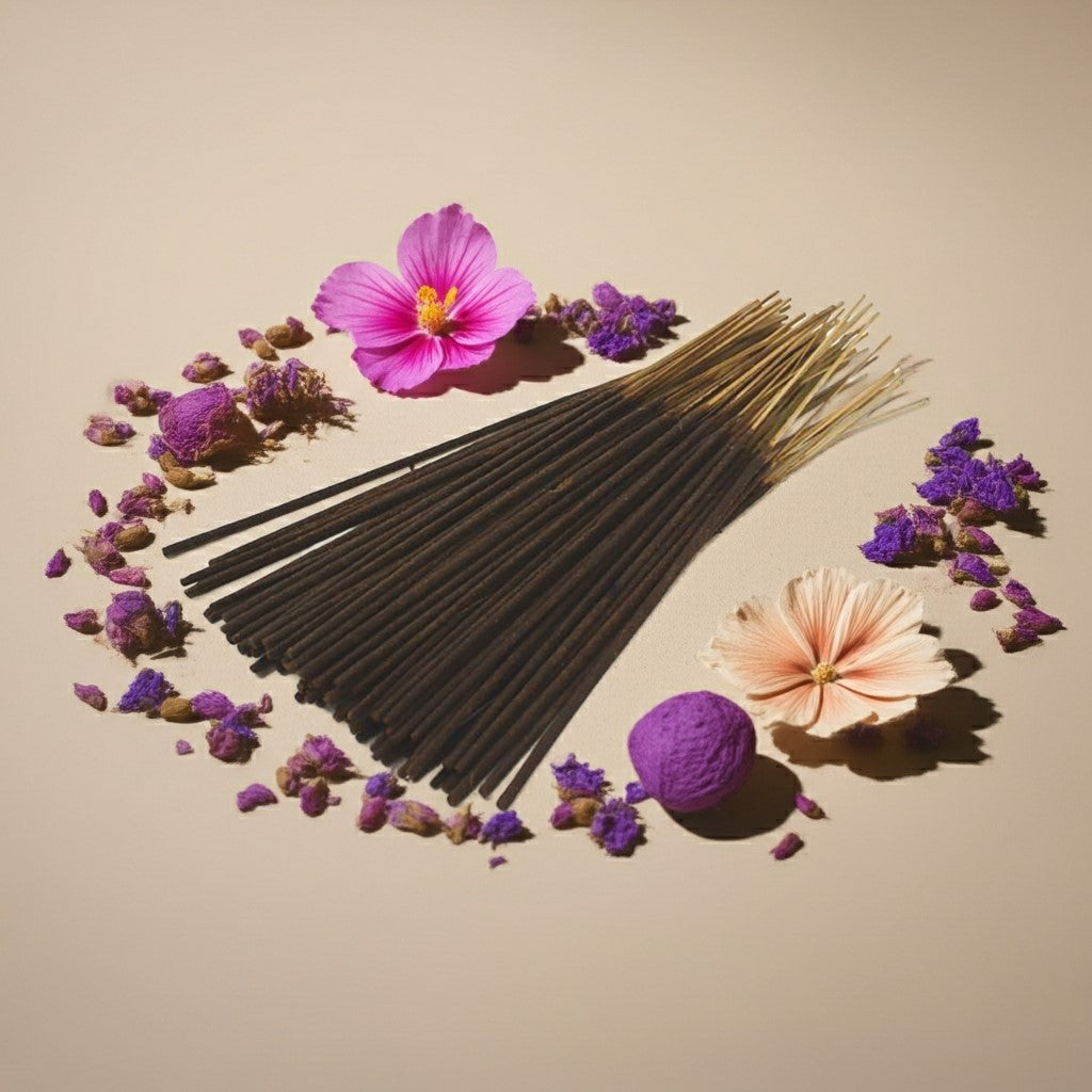 Love Spell Inspired Incense Sticks with flowers on a beige background