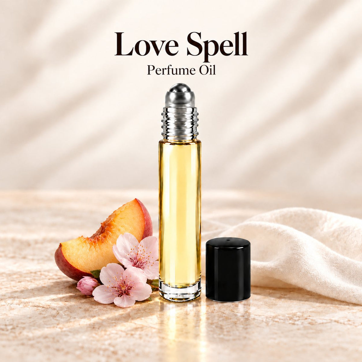 Love Spell Inspired Body Oil Pure & Uncut in a slim glass roll-on bottle with a silver roller and black cap on an ivory stone surface.