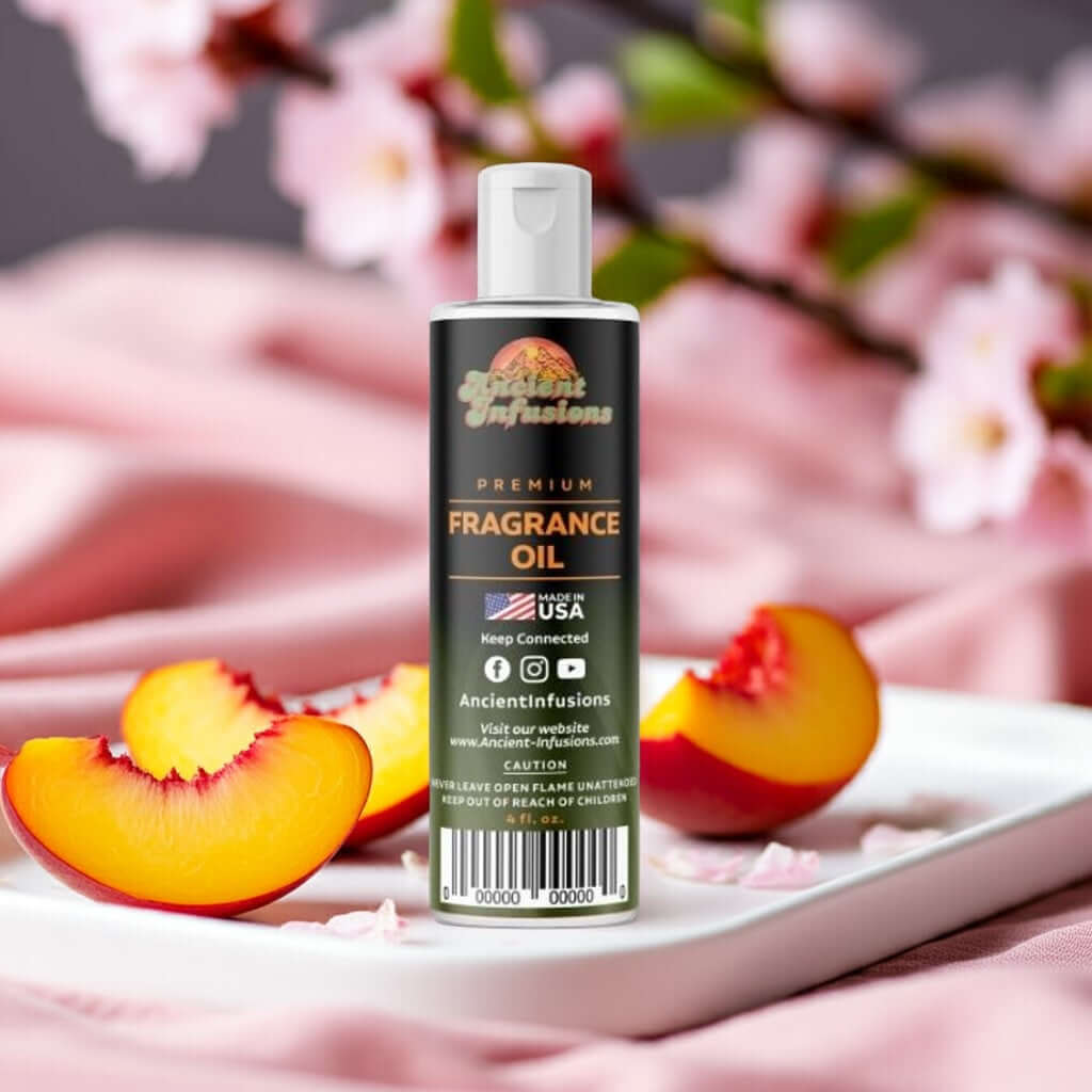 Love Spell Inspired Fragrance Oil with peach and cherry blossom background