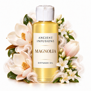 Magnolia Diffuser Oil by Ancient Infusions with golden oil, white cap and matching scent artwork