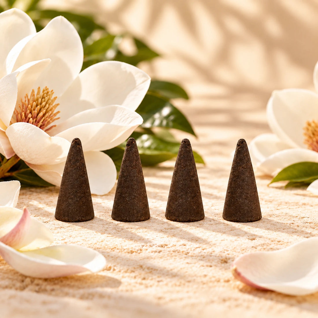 Magnolia Incense Cones on cream stone.