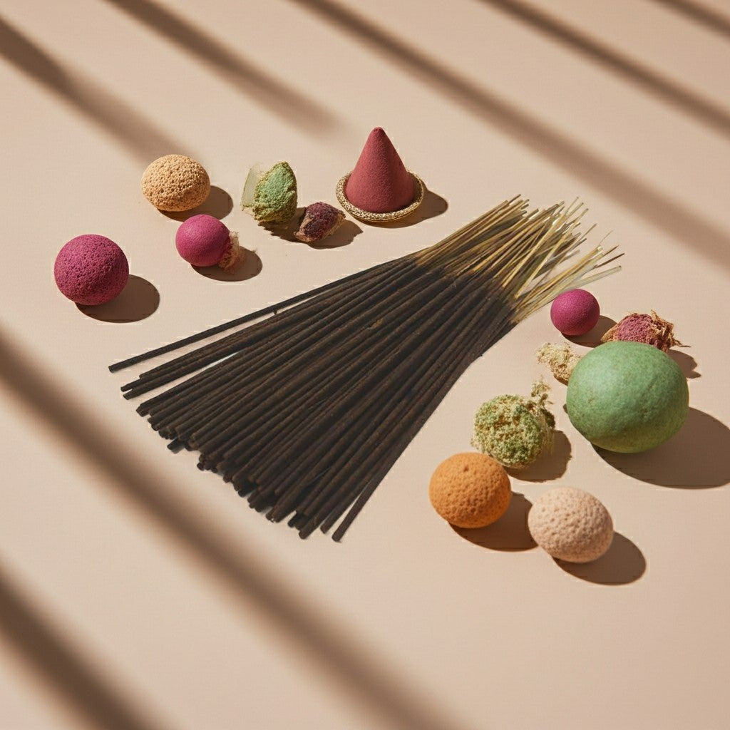 Magnolia Incense Sticks with colorful bath bombs and natural elements on a beige background