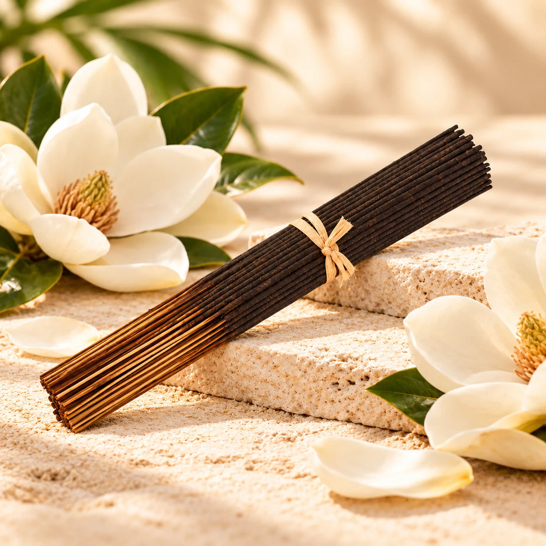 Magnolia Incense Sticks on cream stone.