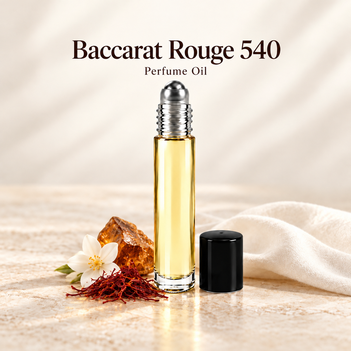 Maison Francis Baccarat Rouge 540 Perfume Oil with simple scent note accents on soft ivory