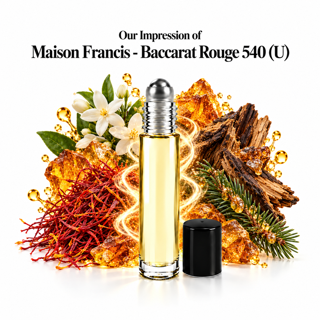Maison Francis Baccarat Rouge 540 Perfume Oil roll-on with scent-note imagery