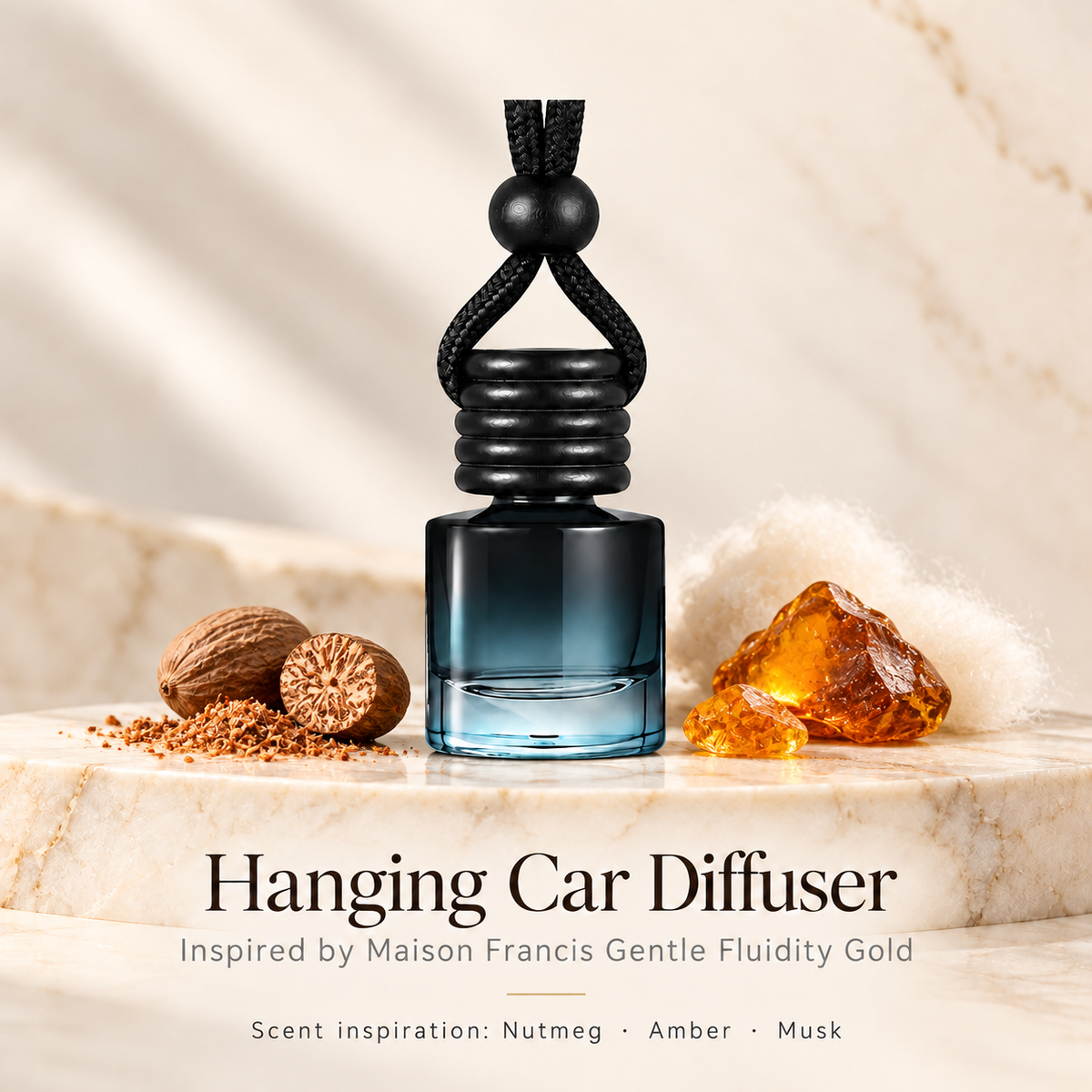 Hanging car diffuser inspired by Maison Francis Gentle Fluidity Gold, with scent illustrations on warm ivory stone