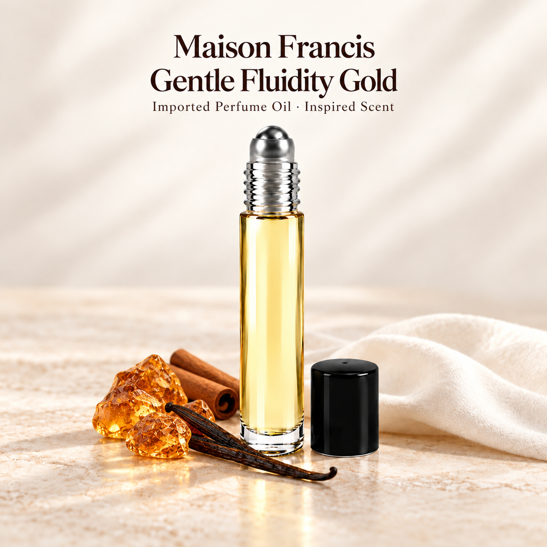 Maison Francis Gentle Fluidity Gold Perfume Oil with minimal scent note accents on soft ivory