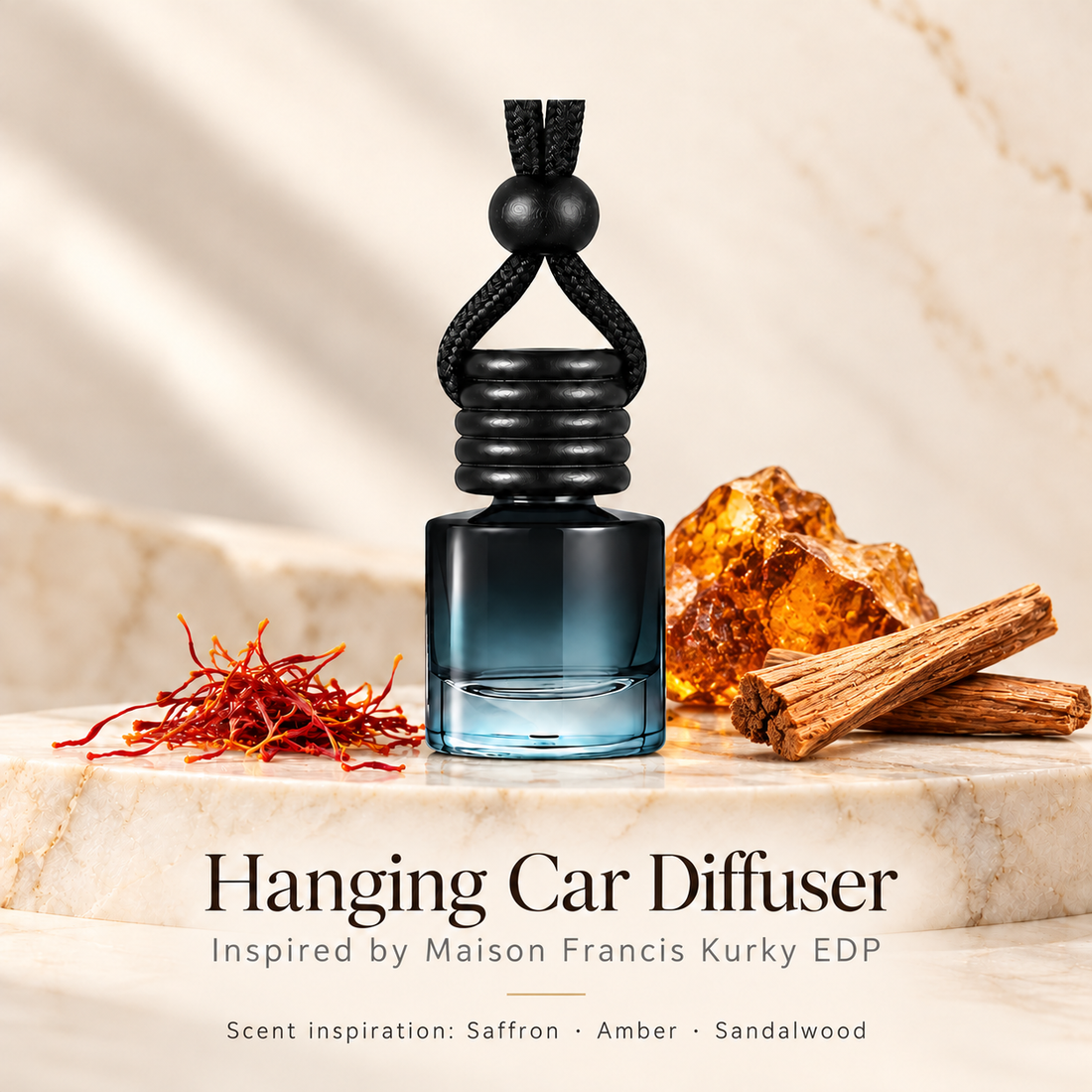 Hanging car diffuser inspired by Maison Francis Kurky EDP, with scent illustrations on warm ivory stone