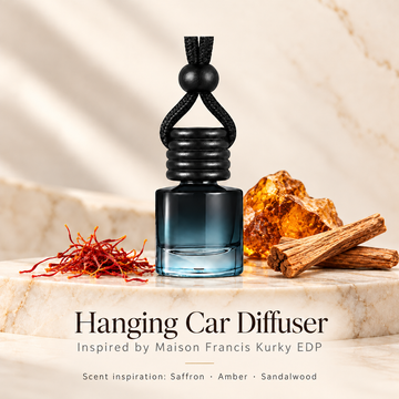 Hanging car diffuser inspired by Maison Francis Kurky EDP, with scent illustrations on warm ivory stone