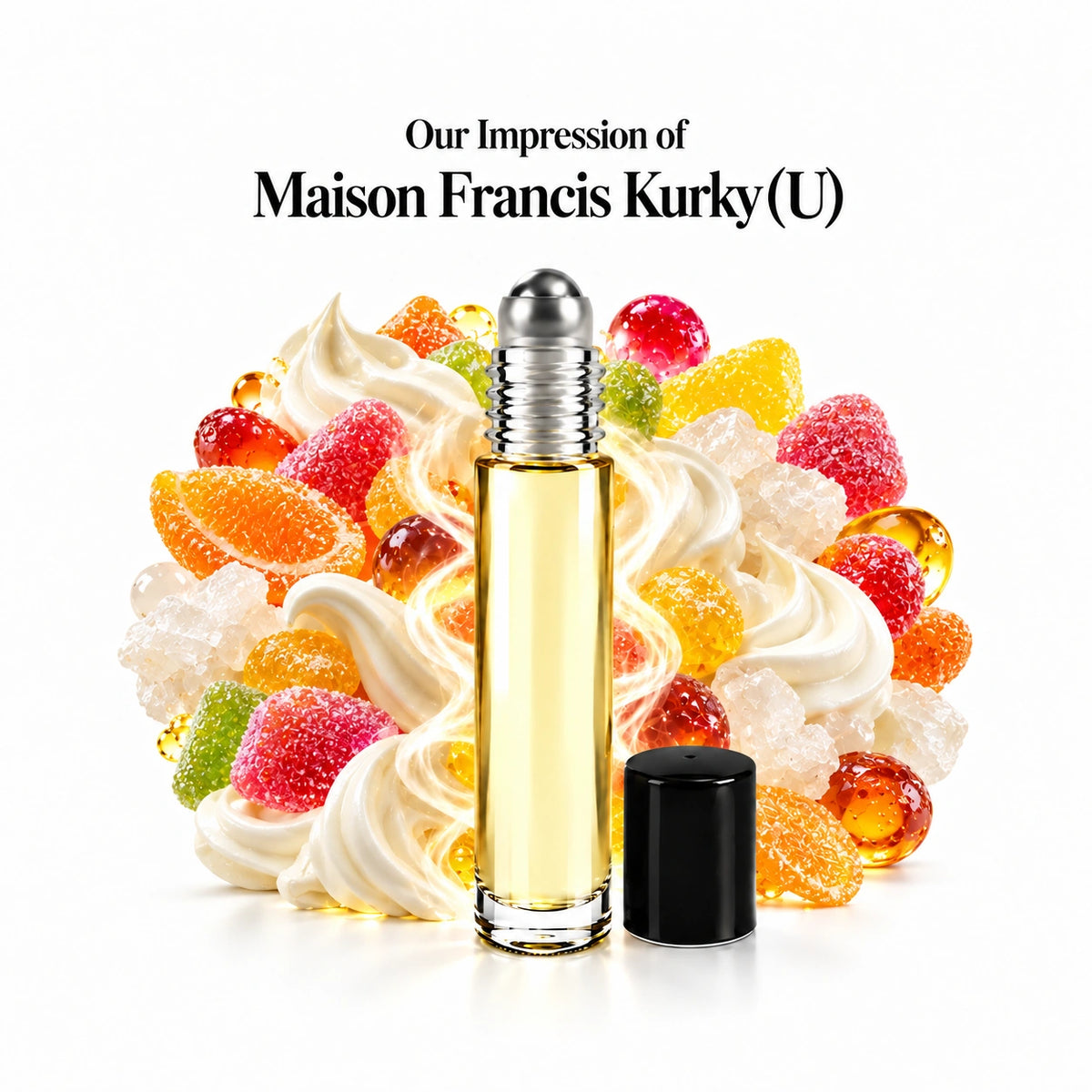 Maison Francis Kurky (U) perfume oil with a centered roll-on bottle and fragrance-note arrangement, generous white margins.