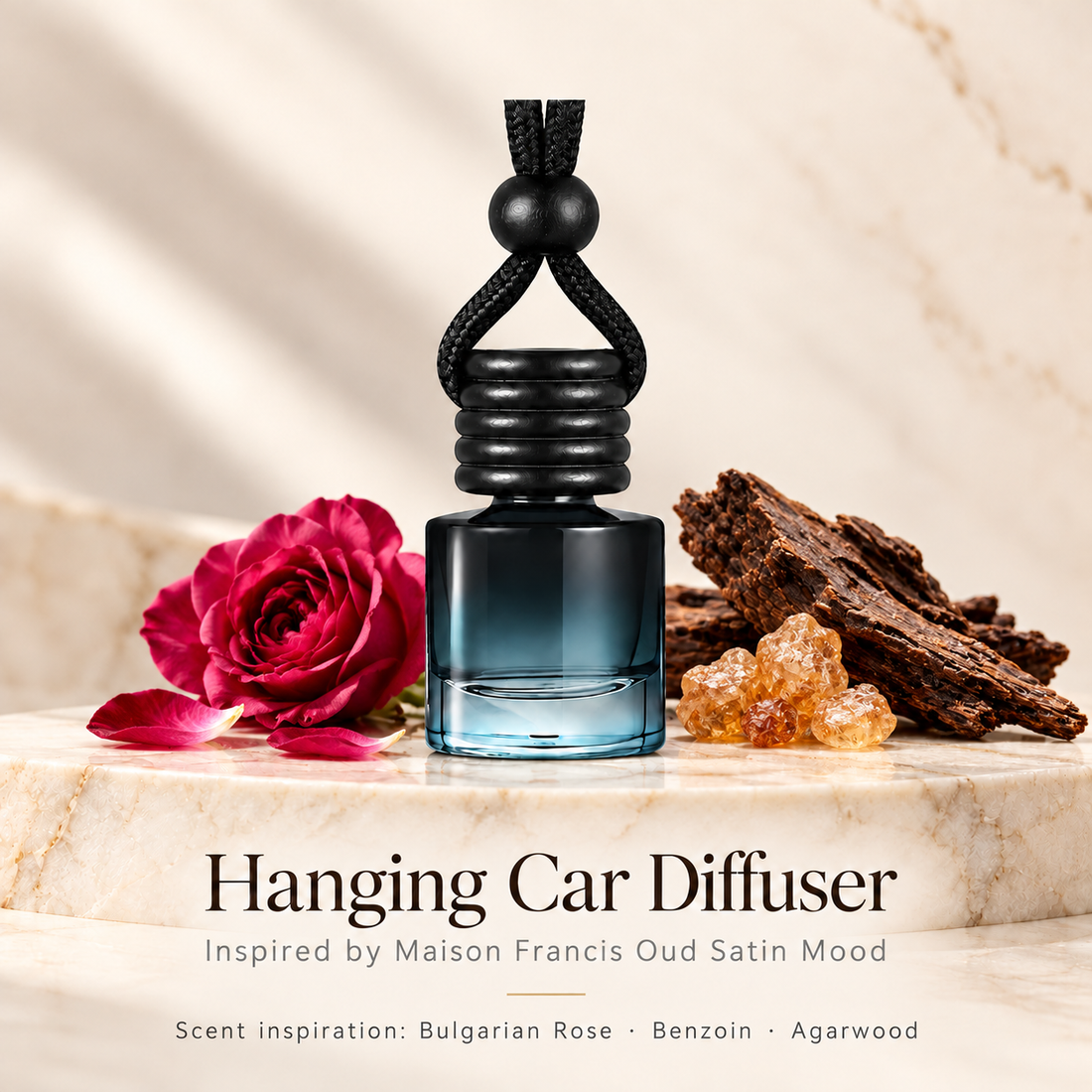 Hanging car diffuser inspired by Maison Francis Oud Satin Mood, with scent illustrations on warm ivory stone
