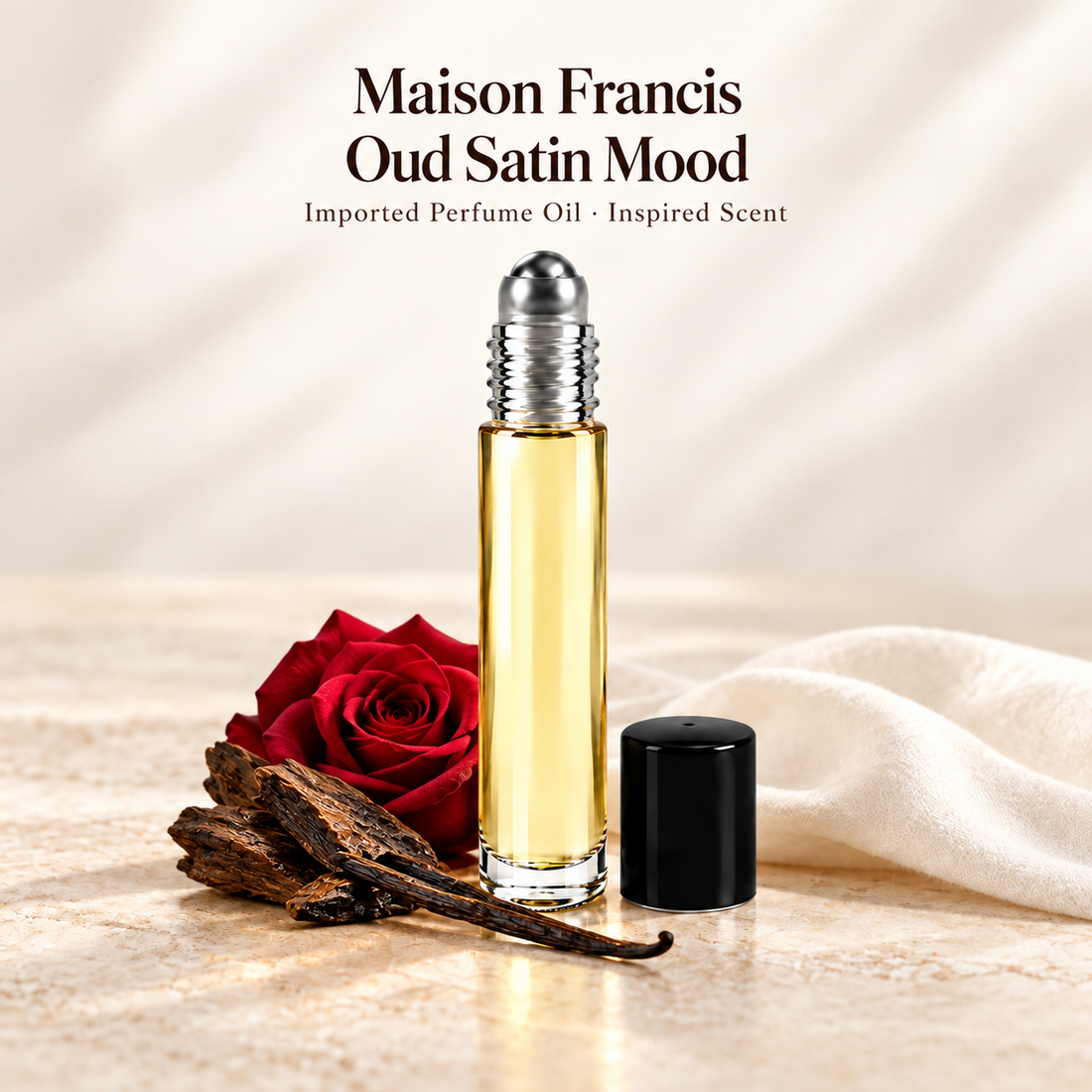 Maison Francis Oud Satin Mood Perfume Oil with minimal scent note accents on soft ivory